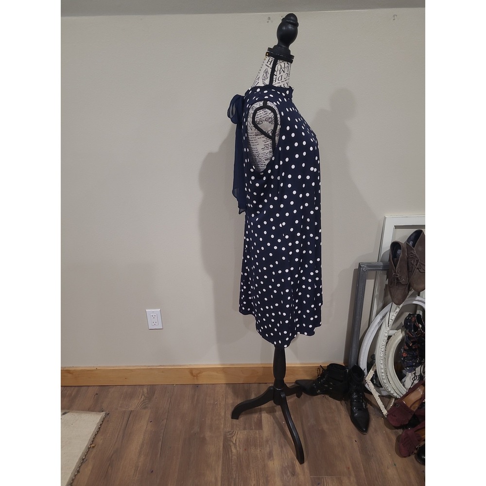 ELLE flowy back bow tie trapeze dress Women‎ SZ PL Navy White Polka Dot elegant